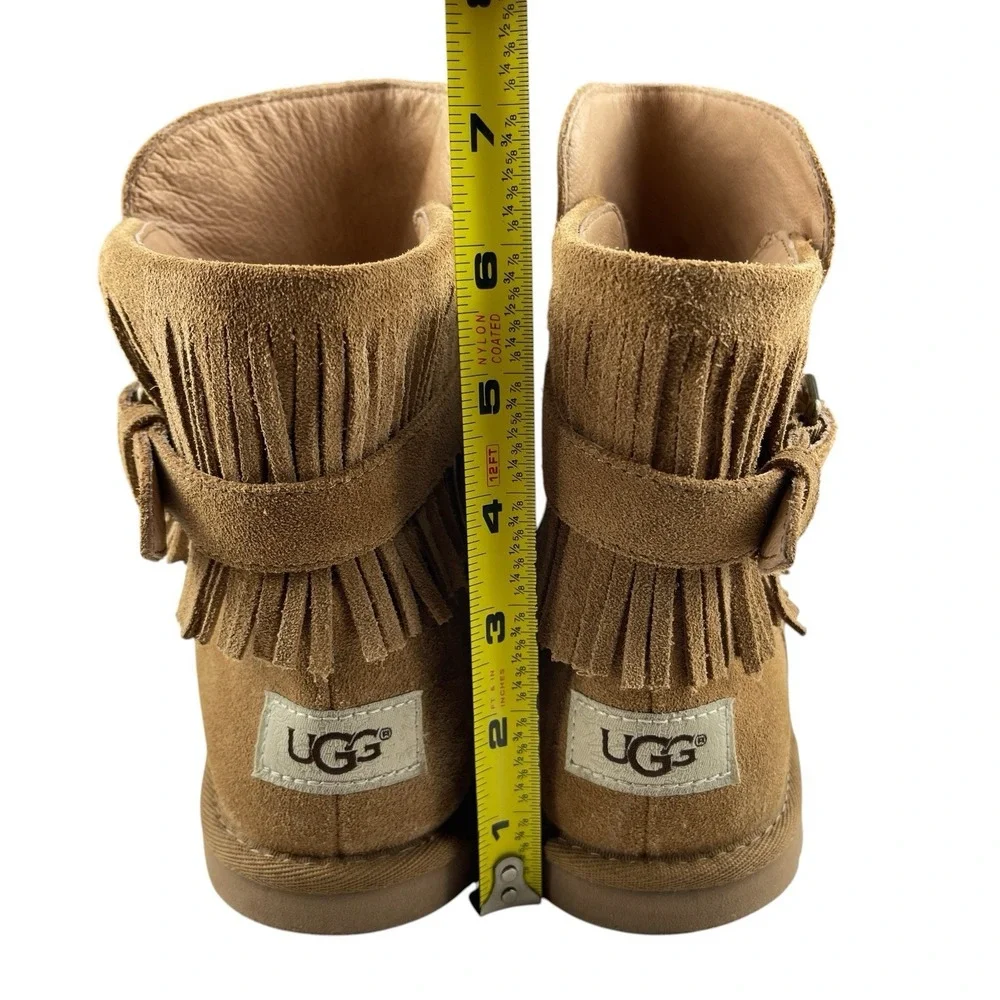 UGG Women's Cara Ankle Boots Size 8 Chestnut Suede Buckle Fringe Pull On Western